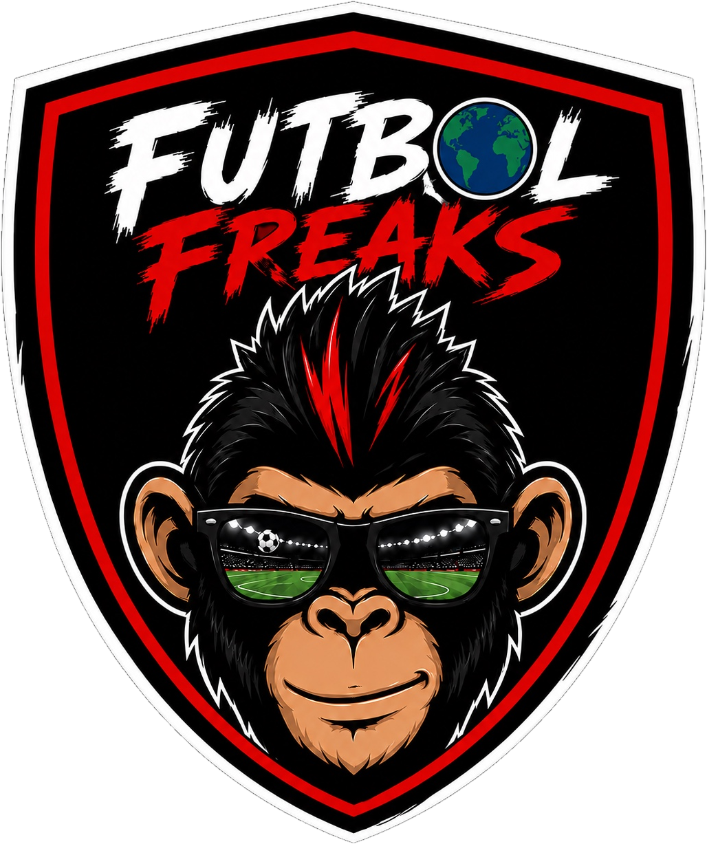 The FutbolFreaks crest — a red and white shield reading Futbol Freaks, the O drawn as a globe, over Bongo the chimpanzee in sunglasses reflecting a floodlit stadium.